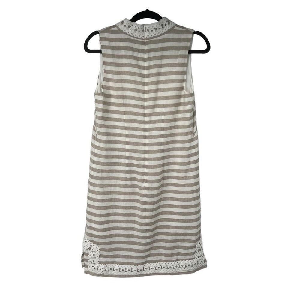 Eliza J Tan White Striped Detailed Hem Linen Cotton Blend Shift Dress Sz 6 Women - Picture 2 of 8